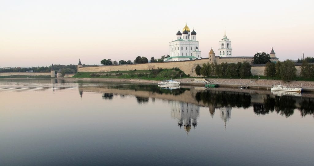 A UNESCO World Heritage Site: Churches of the Pskov School of Architecture on the banks of the Velikaya River in the northwest of Russia.