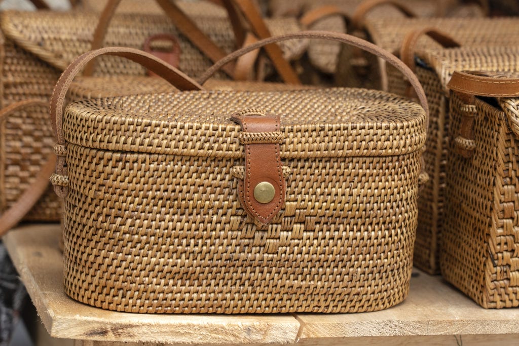 Famous Balinese Rattan Eco Bags In A Local Souvenir Market On Street In Ubud, Bali, Indonesia. Handi