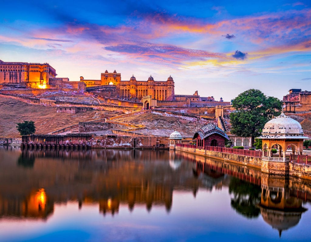 Amber Fort and Maota Lake at sunset. Jaipur, Rajasthan, India