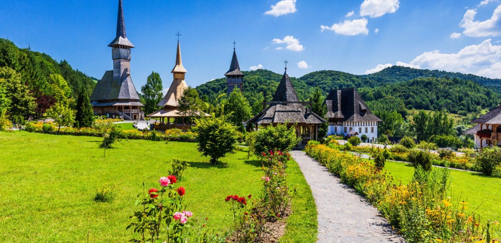 Wooden churches at Barsana Monastery in the Maramures region.