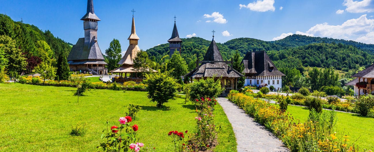 Wooden churches at Barsana Monastery in the Maramures region.