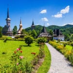 Wooden churches at Barsana Monastery in the Maramures region.