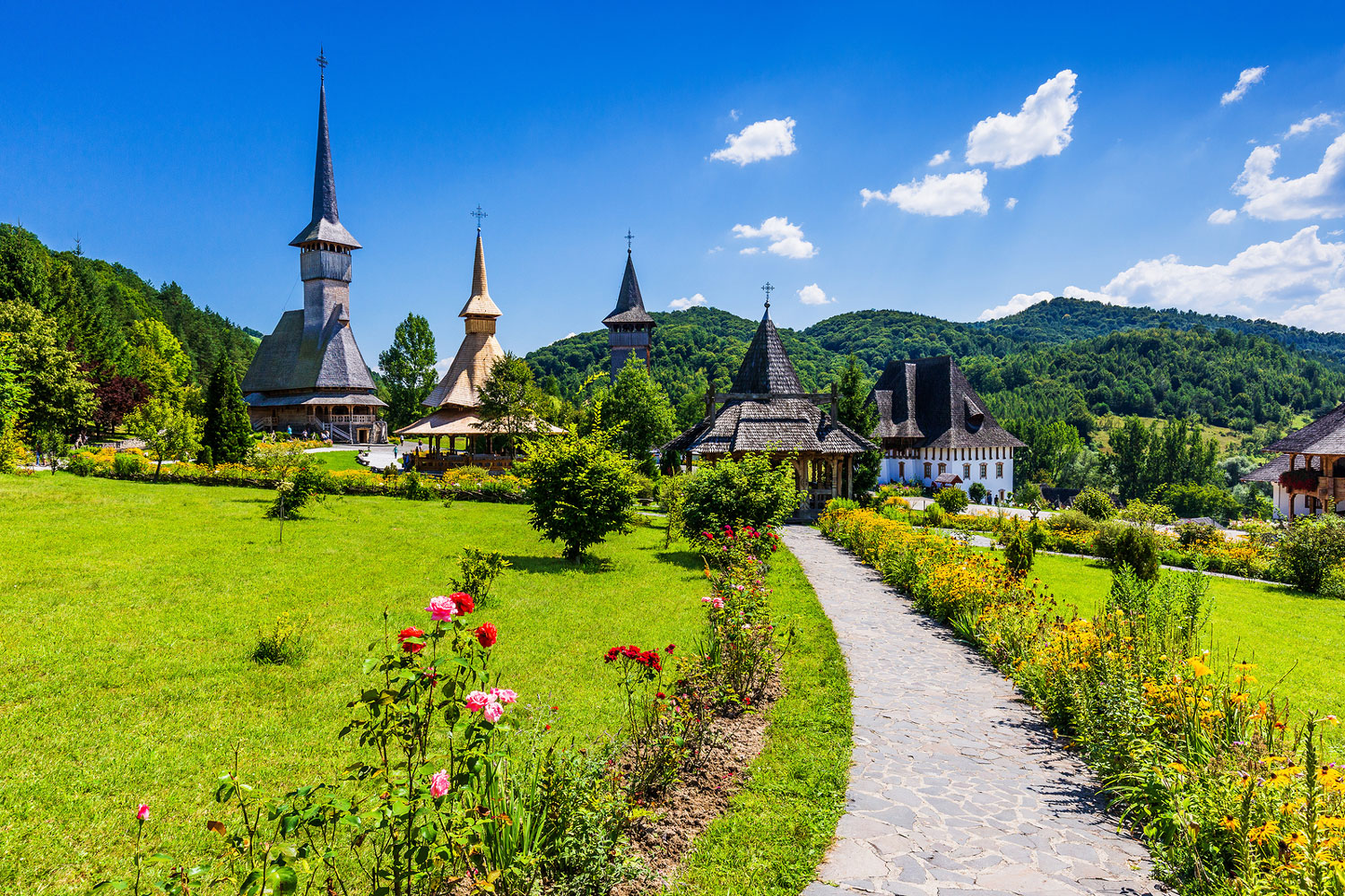 Wooden churches at Barsana Monastery in the Maramures region.