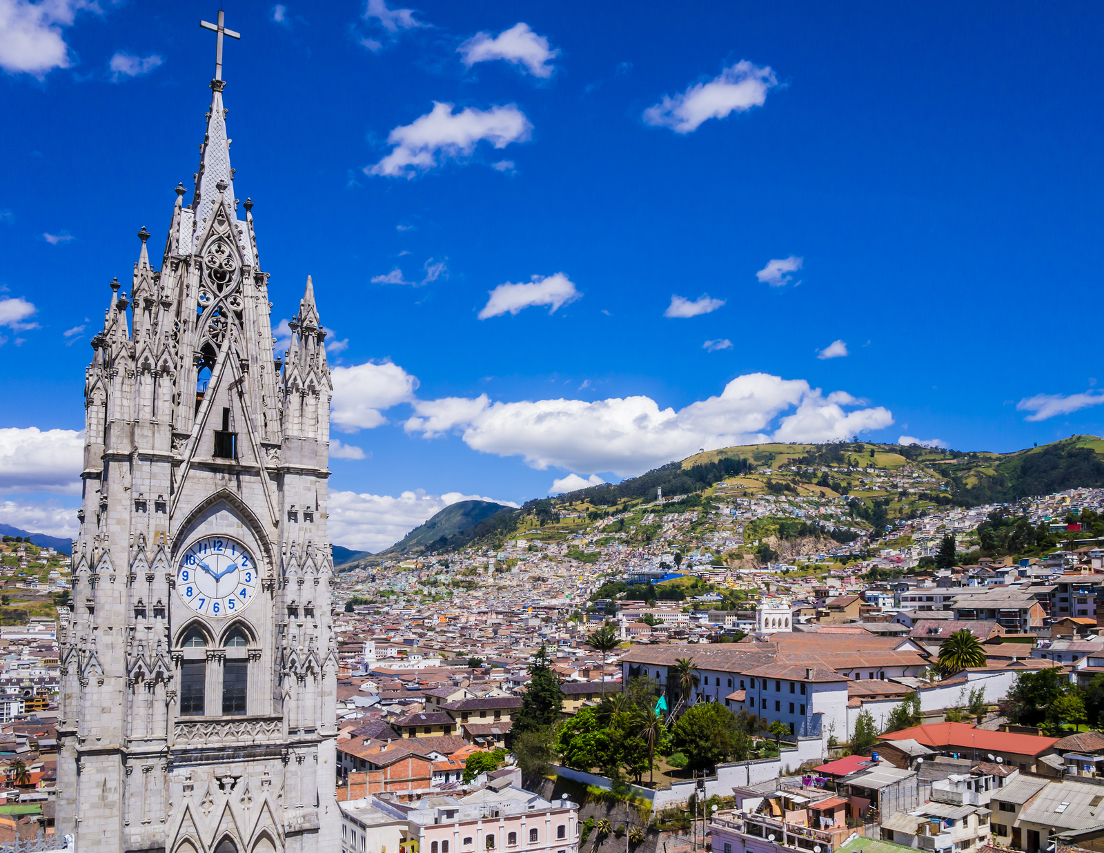Ecuador, city view of Quito from gothic Basilica del Voto Nacional clock tower