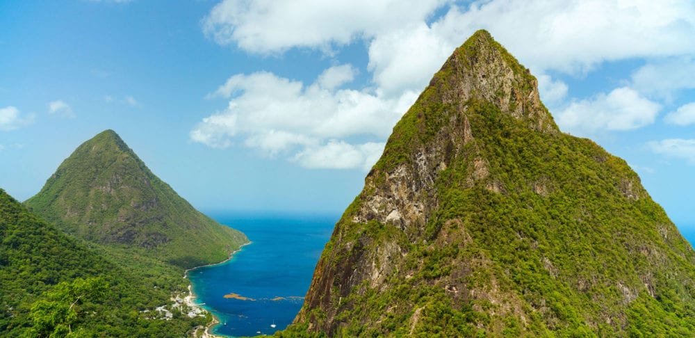 Iconic view of Piton mountains on St Lucia island in Caribbean.