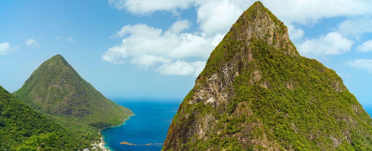 Iconic view of Piton mountains on St Lucia island in Caribbean.