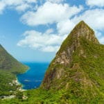 Iconic view of Piton mountains on St Lucia island in Caribbean.