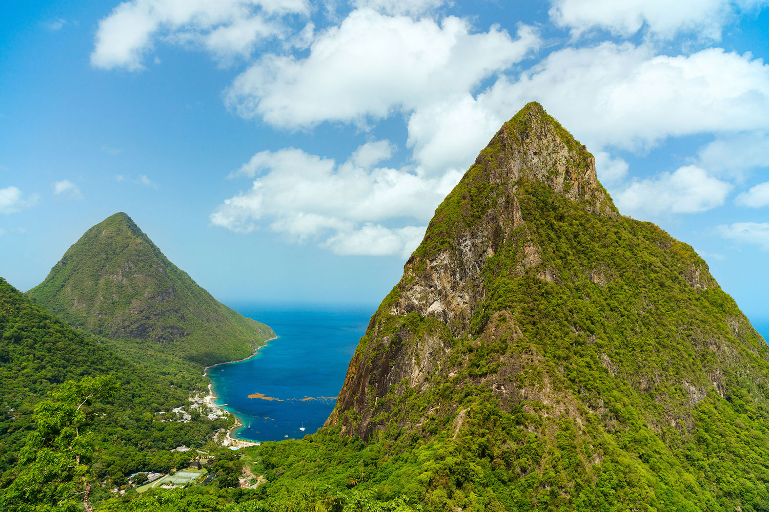 Iconic view of Piton mountains on St Lucia island in Caribbean.