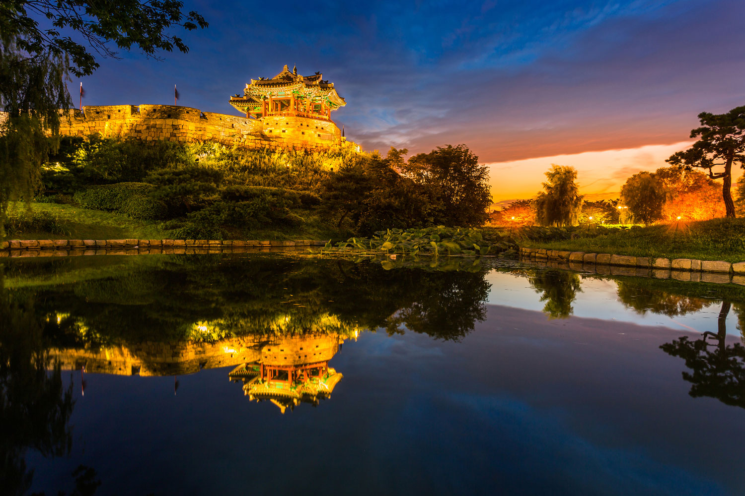 Suwon Hwaseong Fortress in Sunset South Korea