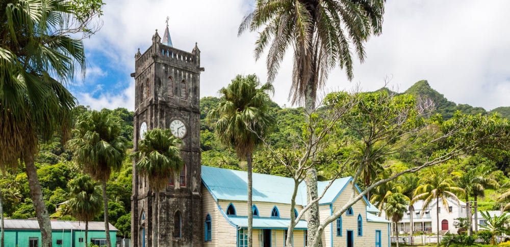 Sacred Heart Roman Catholic Church with a Clock tower in the colorful, vibrant old colonial capital of Fiji.