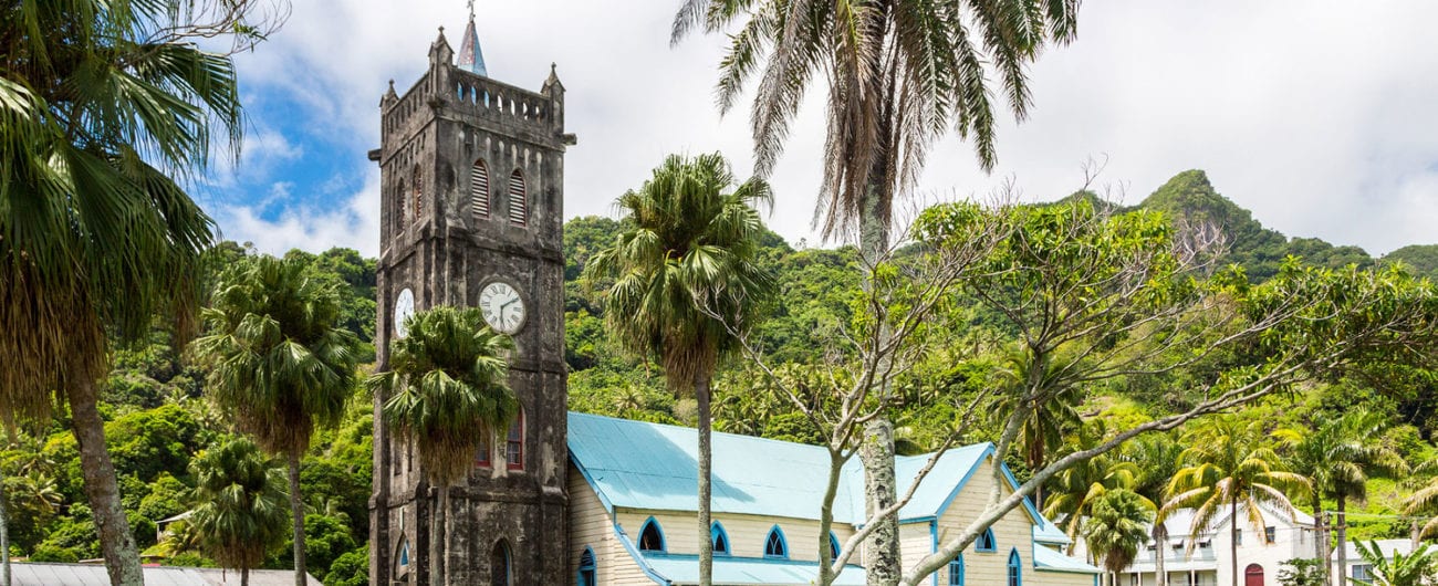 Sacred Heart Roman Catholic Church with a Clock tower in the colorful, vibrant old colonial capital of Fiji.