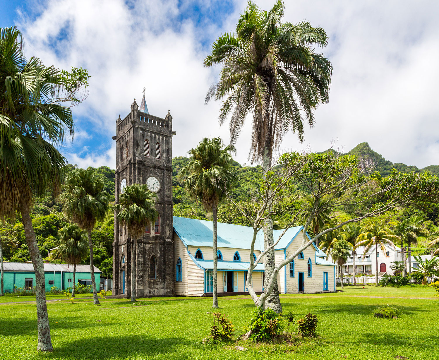 Sacred Heart Roman Catholic Church with a Clock tower in the colorful, vibrant old colonial capital of Fiji.
