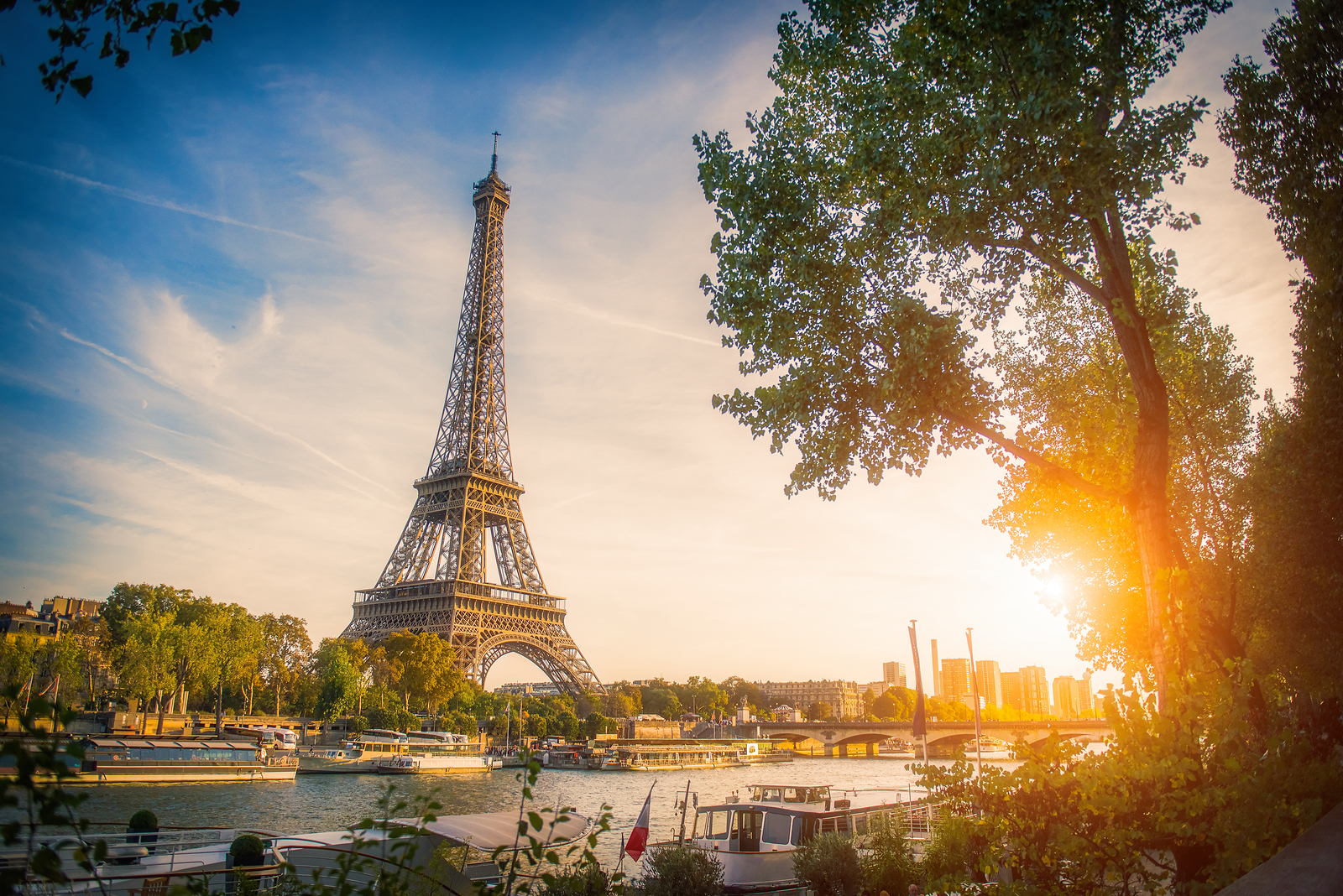 Sunset View Of Eiffel Tower And Seine River In Paris, France.
