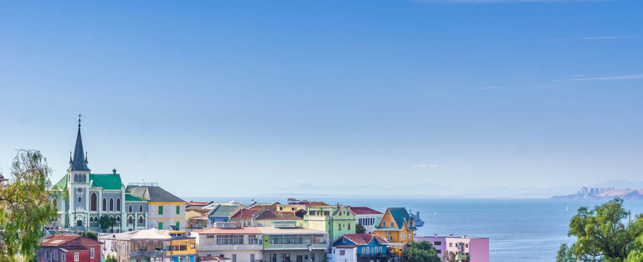 Cityscape view of colorful UNESCO World Heritage Site, Valparaiso in Chile.