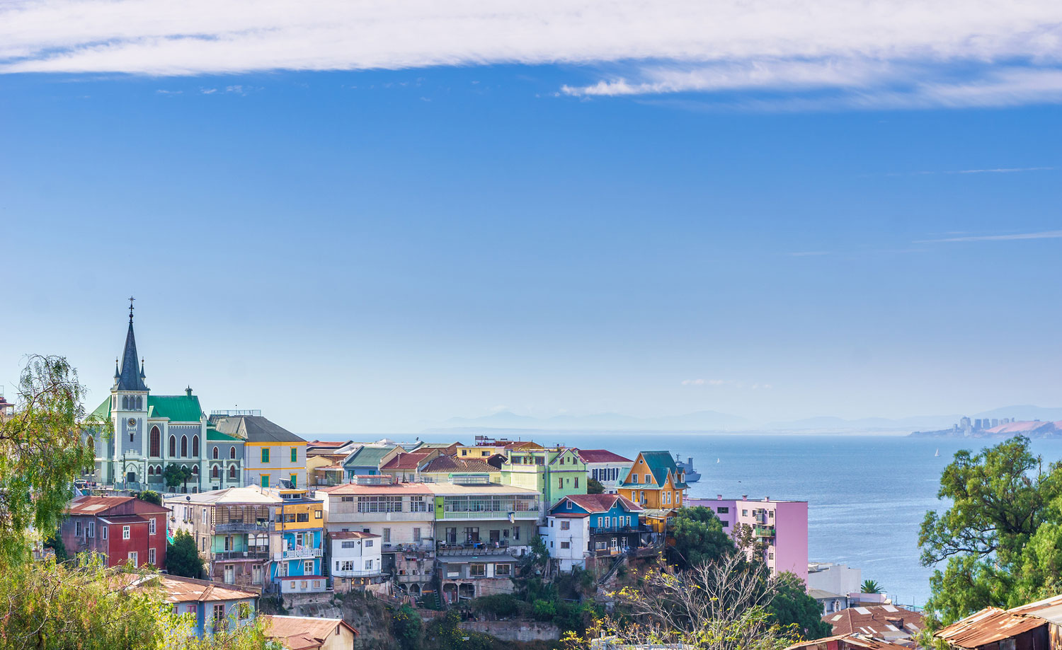 Cityscape view of colorful UNESCO World Heritage Site, Valparaiso in Chile.