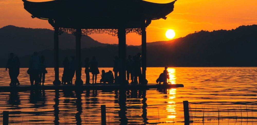 Pagodas on Xi Lake, China during golden hour