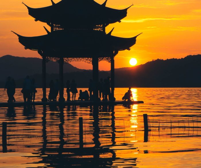 Pagodas on Xi Lake, China during golden hour