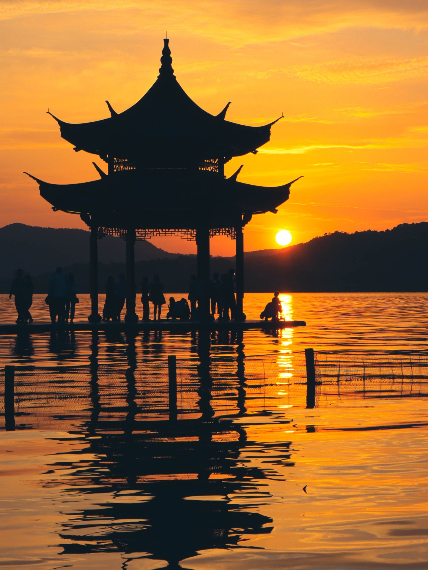 Pagodas on Xi Lake, China during golden hour
