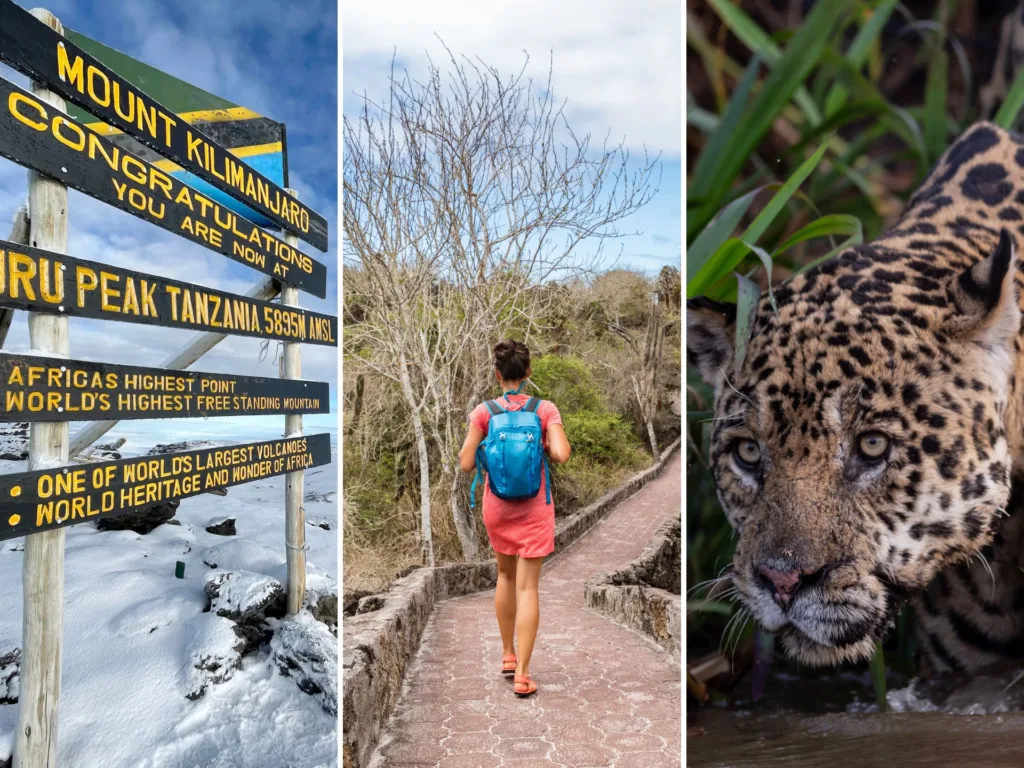 Image collage of 3 adventure travel scenarios.