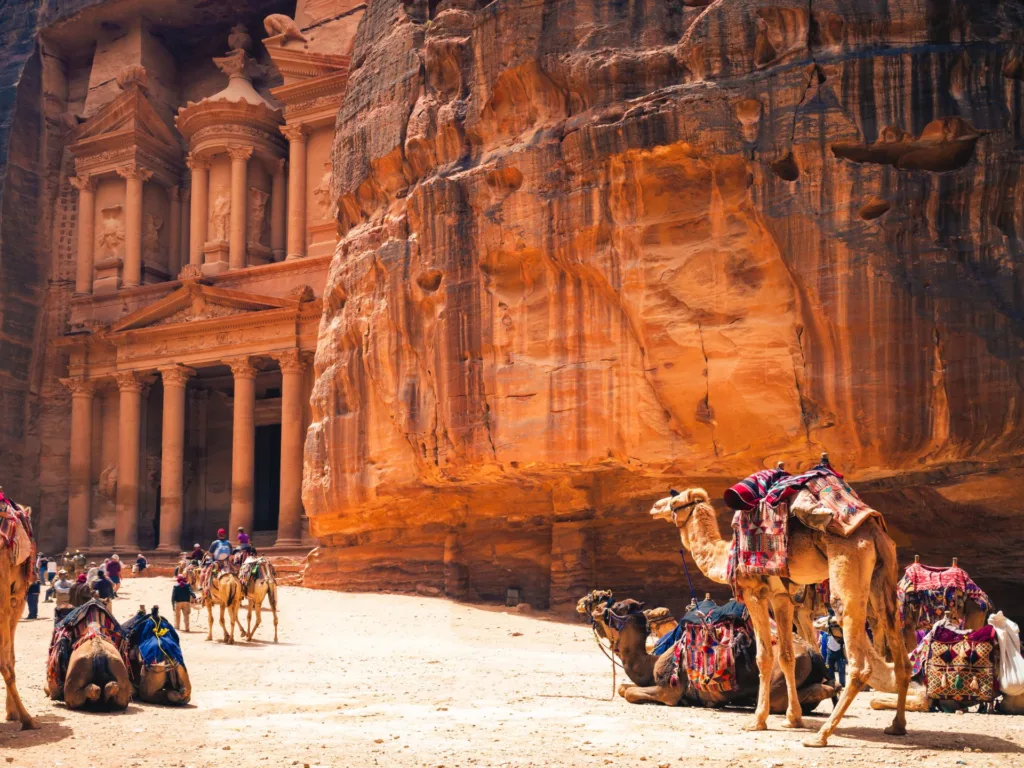 Petra, Jordan with multiple camels in foreground.